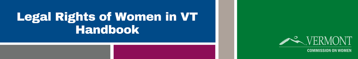 Blocks of color, logo, and title, Legal Rights of Women in VT Handbook