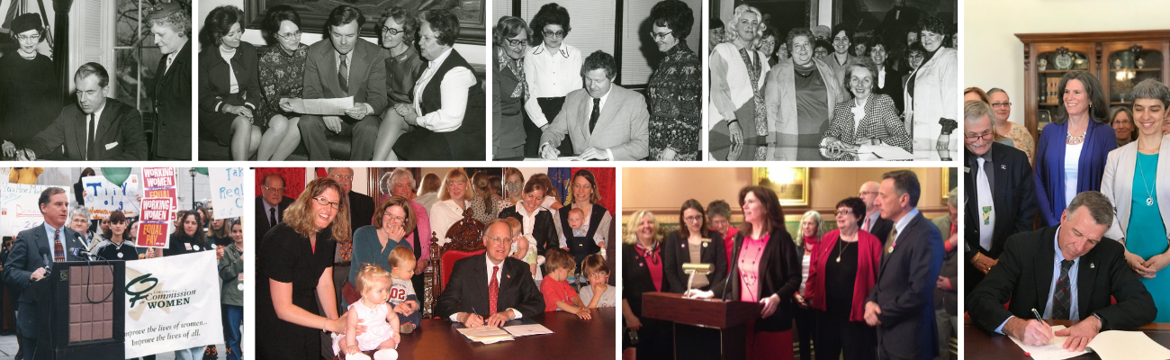 A collage of photos of VCW members with various Vermont governors