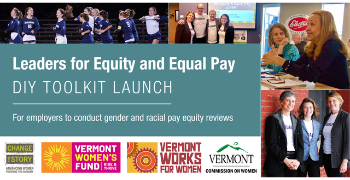 Logos from each CTS partner with four photos including soccer players, 2 women at a workshop, and three staff wearing Equal Pay jerseys