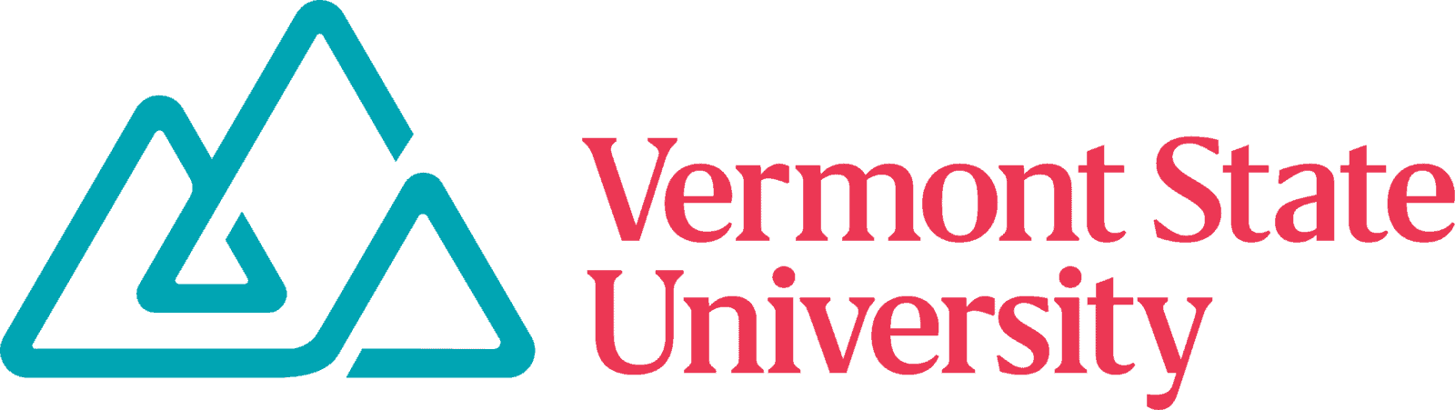 Vermont State University logo in blue and red with mountains outline.